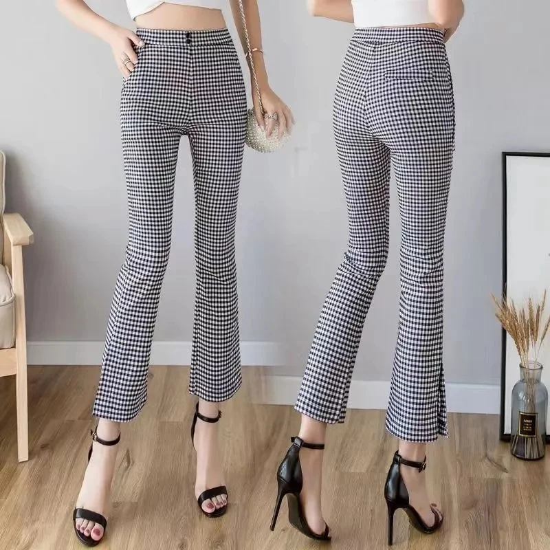 Summer New Pants Female High Waist Show Thin Black And White Plaid Flared Trousers Slim Wild Casual Fashion Women Clothes 2023