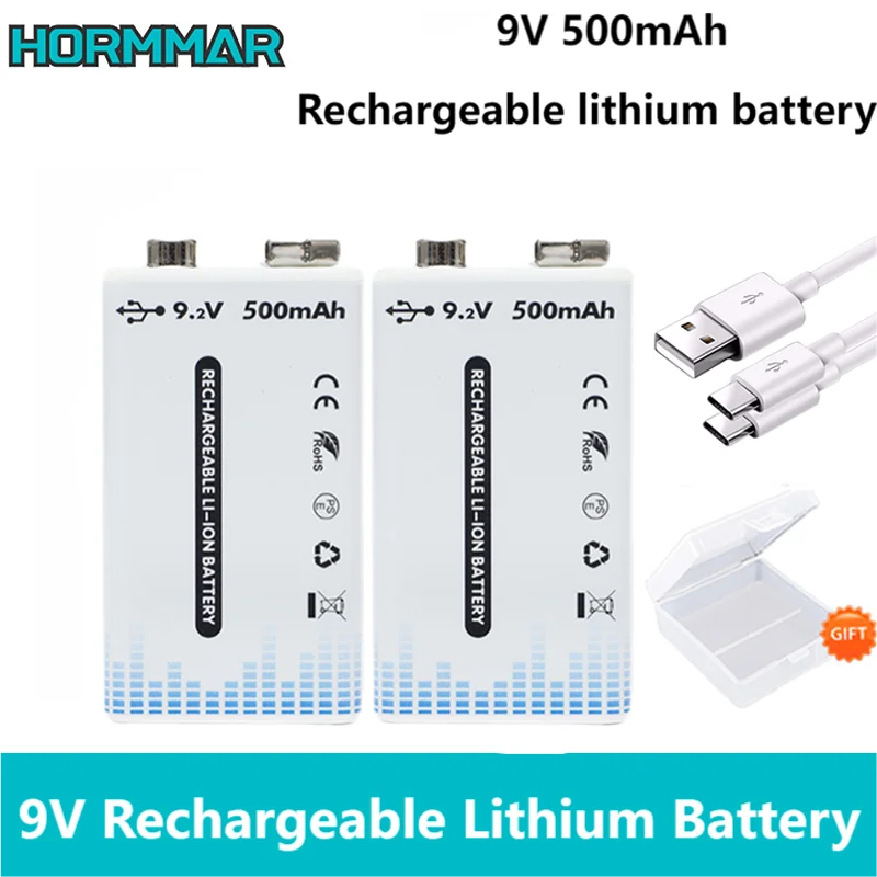 HORMMAR 9V 6F22 Rechargeable Battery 500mAh Low Self-discharge Lithium-ion Batteries for Smoke Alarm Multimeter Massager Toy