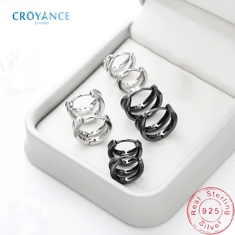 Hiphop Rock Women&Men Round Double Layer Hoop Earrings 925 Sterling Silver Jewelry Black Punk Personality Twin Circle Ear Ring