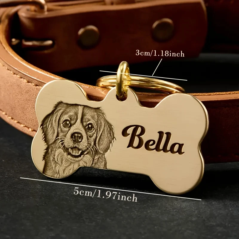 Personalized Bone Pet Keychain Stainless Steel Custom Engraved Dog Portrait Name Tag Pet Memorial Gift for Dog Lovers Paw