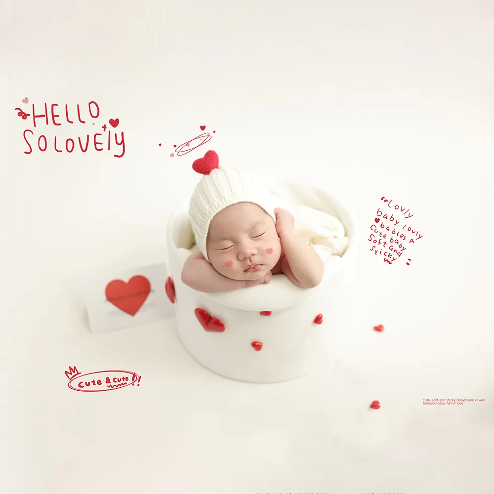 Newborn Cute Love Photography Theme Set Knitted Hat Soft Stretch Wrap Red Love Decorative Props Baby Shooting Props Accessories