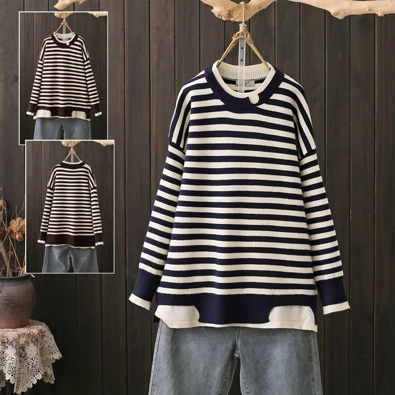 Autumn Winter plus Size Sweater Striped Color Block Design Loose Fit Overhead Knittedwear Fake Two-Piece Style Warmth Heating