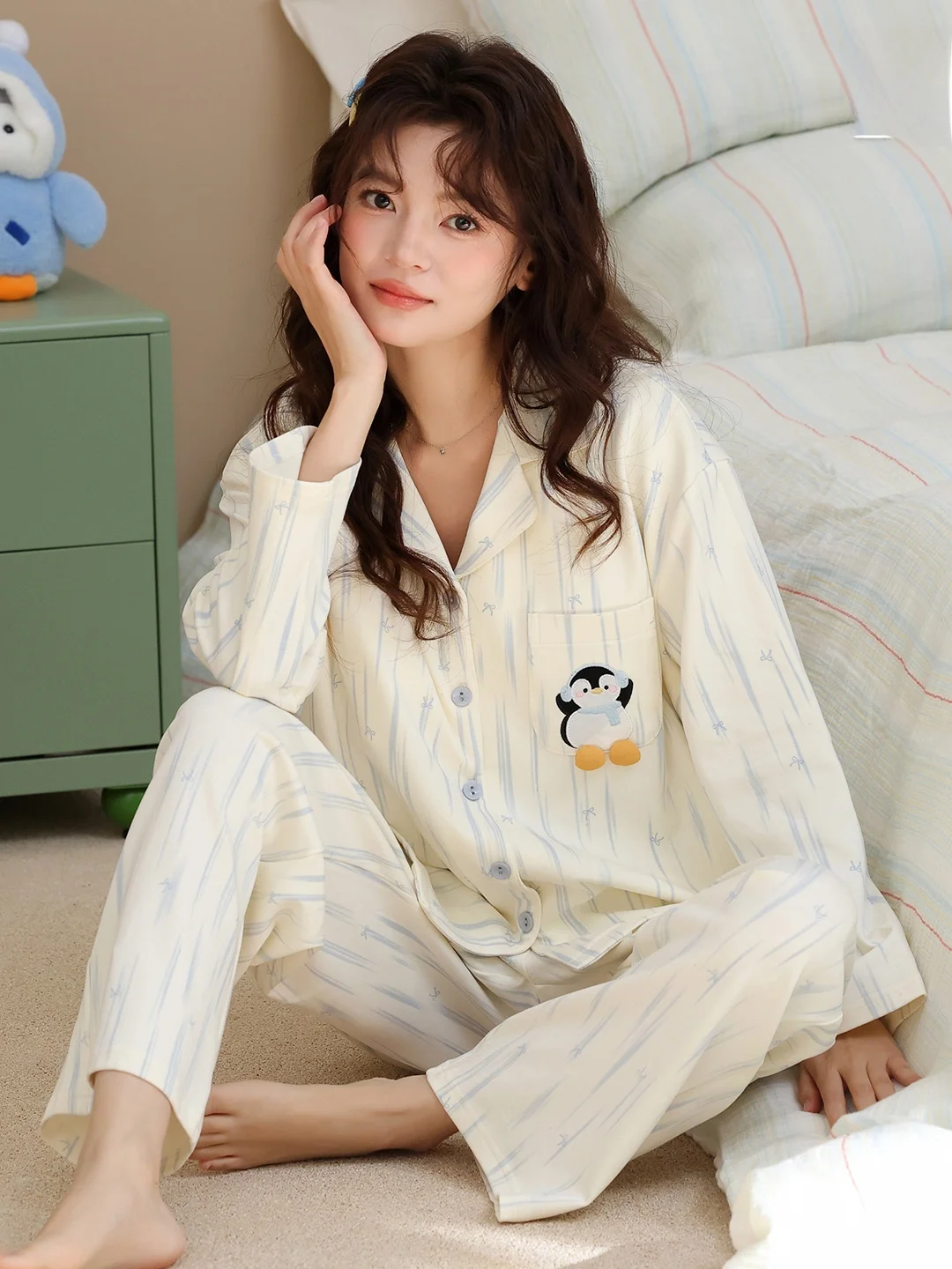 women's-long-sleeve-open-cardigan-cotton-padded-sleepwear-set-spring-autumn-penguin-print-loose-fit-home-wear-outerwear