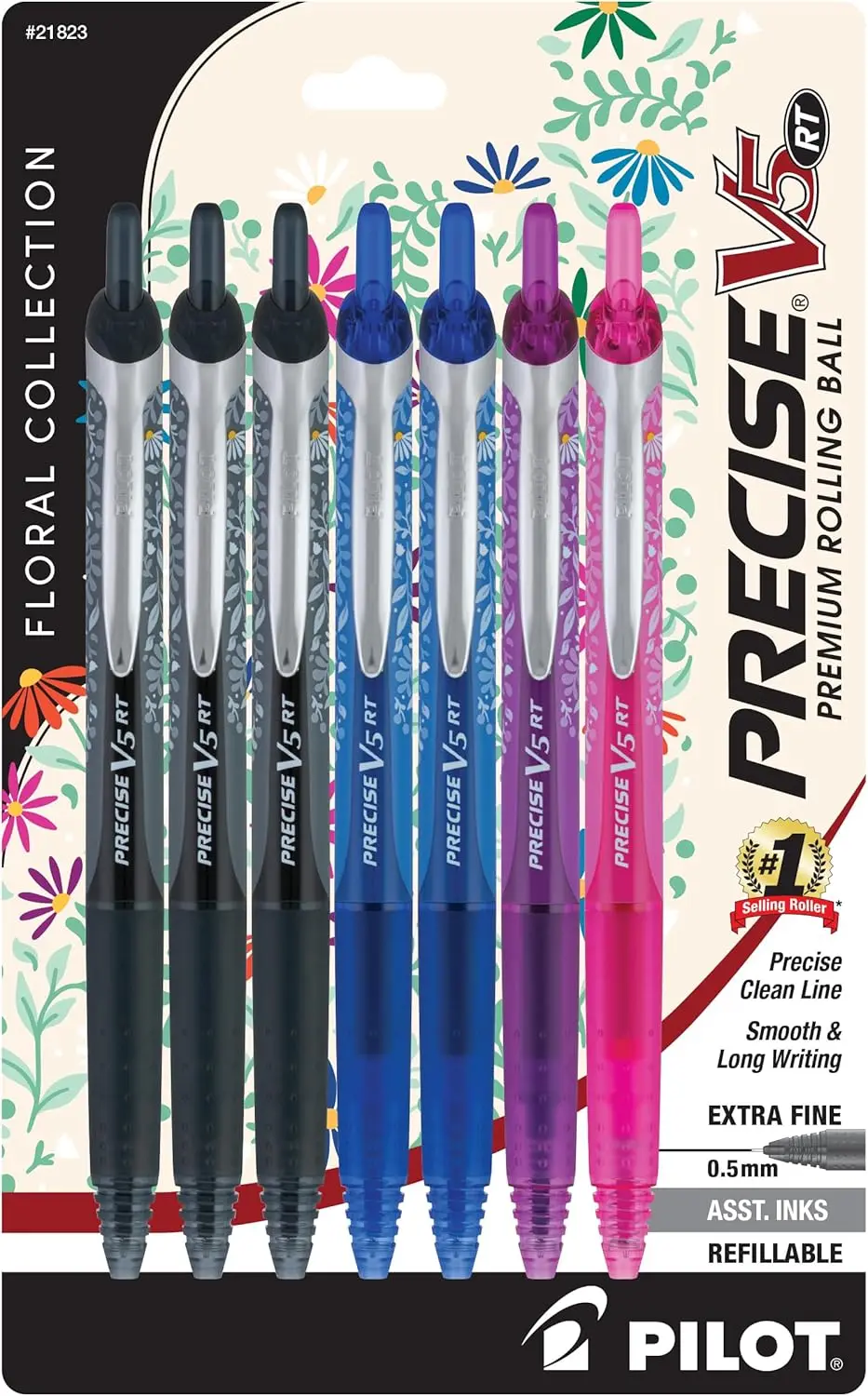 

Extra Fine Point 0.5 mm Rolling Ball Pens, 7 Pack, Ultra-Smooth Writing, Assorted Floral Designs