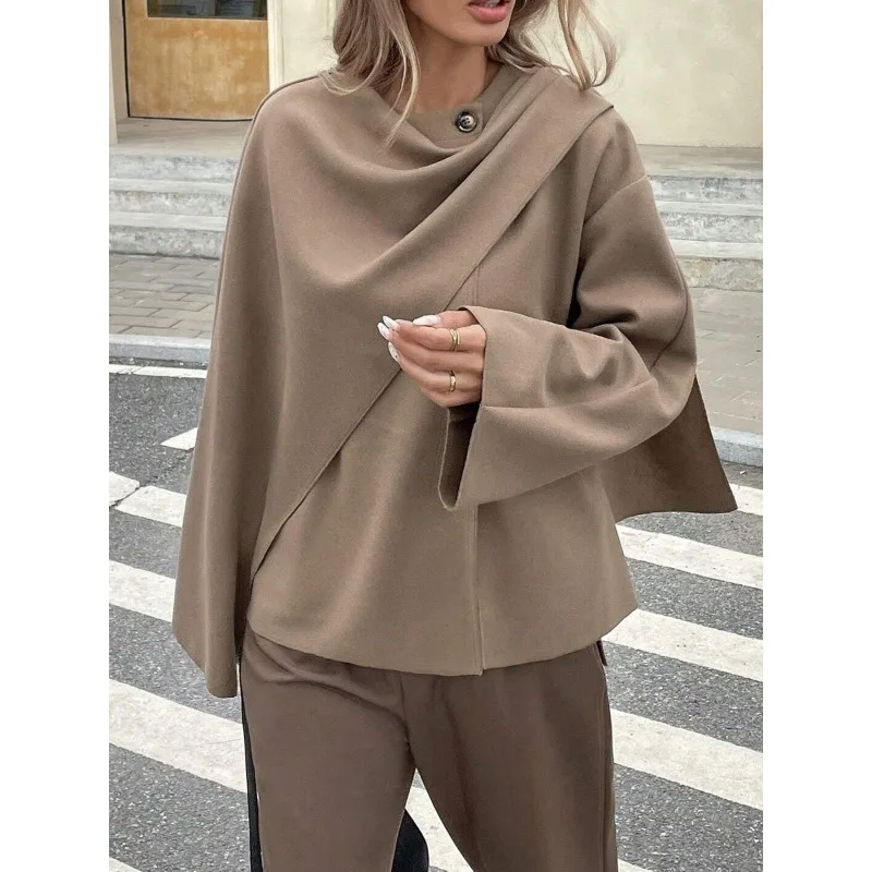 سترات نسائية بنية اللون معاطف خريف وشتاء غير منتظمة فضفاضة تناسب رقبة دائرية ملابس خارجية بأزرار حضرية غير رسمية ملابس نسائية 190985