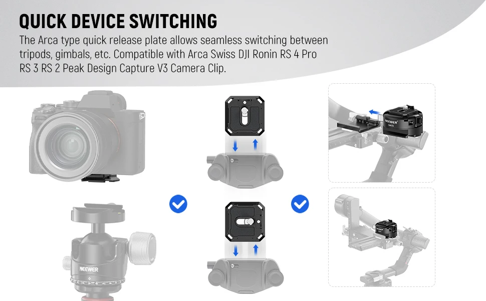 Neewer GM47 Schnellwechselplatten-Kit, kompatibel mit Arca Swiss DJI Ronin RS 4 Pro RS 3 RS 2 Peak Design Capture V3 Kameraclip – Detail 5