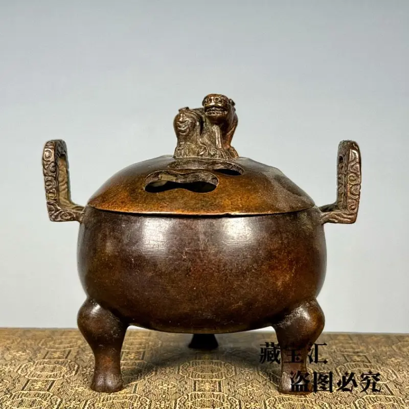 Folk Collection Old Item Yutang Qingwan Triple Foot Double Ear Pixie Censer Purple Copper Old Patina Copper Furnace Ornament