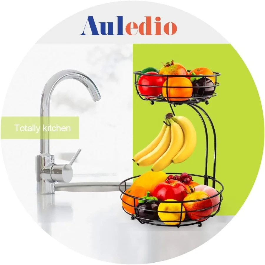 Cesta de almacenamiento de frutas y verduras para encimera, color negro, 2 niveles, con colgador de plátano para organización de cocina, capacidad de 64 onzas, Ideal para