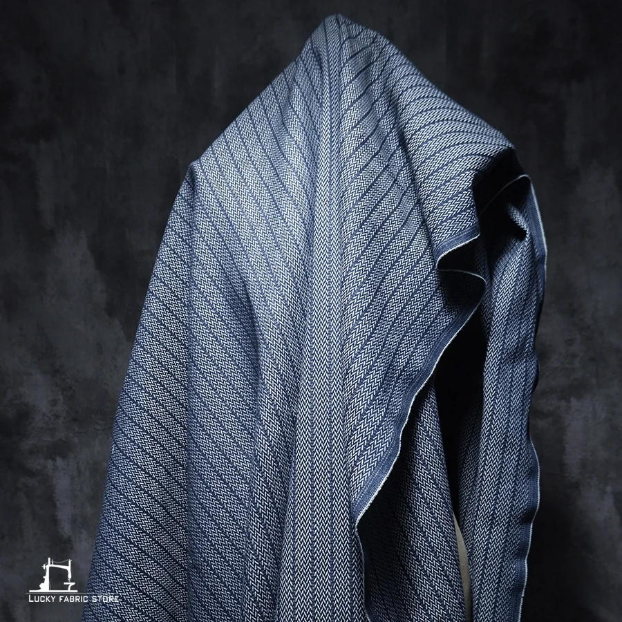 Blue yarn-dyed herringbone jacquard denim twill pattern washed DIY handmade cloth texture designer fabric