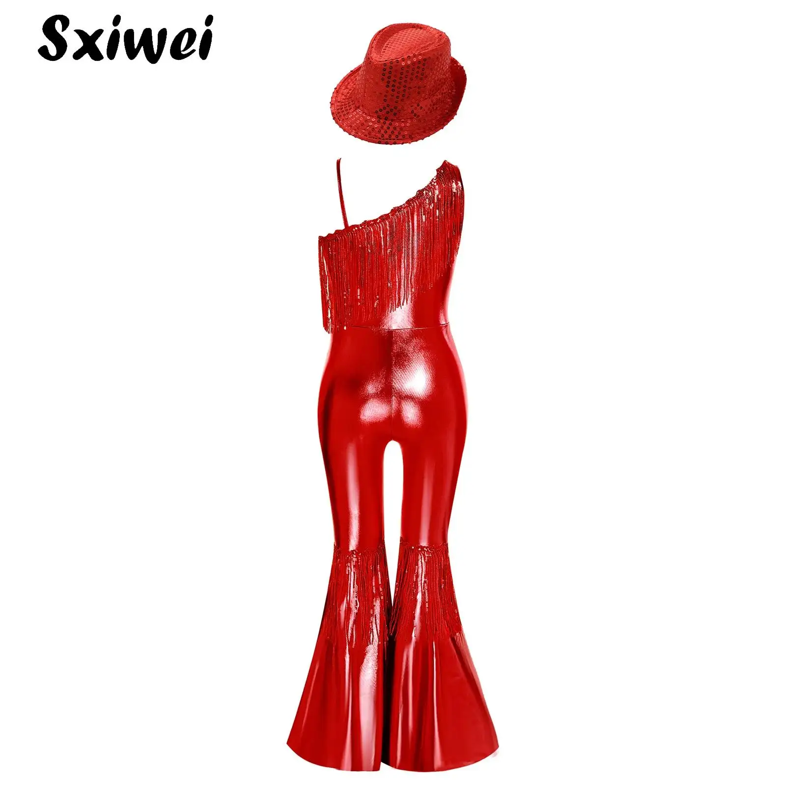 

Kids Girls Metallic Shiny Jazz Dance Hippie Costume 70S Disco Flare Jumpsuit One Sleeve Sequin Tassels Flared Banquet Bodysuits