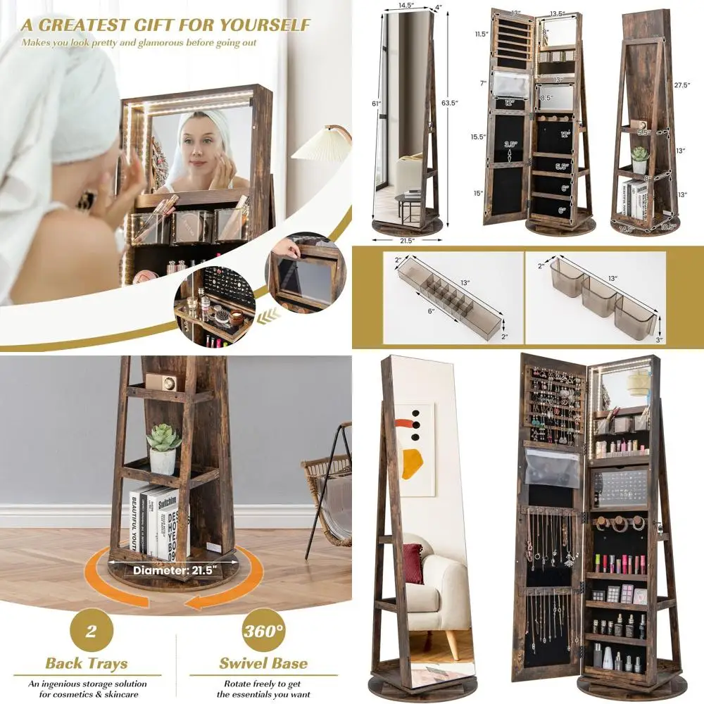 

Rustic Brown Standing Jewelry Cabinet with 360° Rotation, Full-Length Mirror, 3-Color LED Light, and Lockable Storage