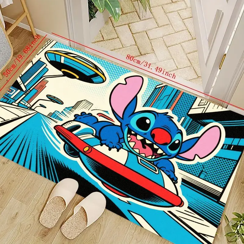 1PC Disney Lilo & Stitch Anime Cartoon Character Floor Mat, Dynamic Sci-Fi Stitch on Hoverboard Area Rug, Non-Slip Entrance Door