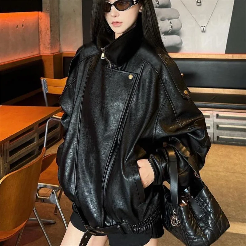 Winter Ladies High End Faux Leather Outwear American Femme Long Sleeves PU Leather Jacket Autumn Women Fashion Casual Loose Coat
