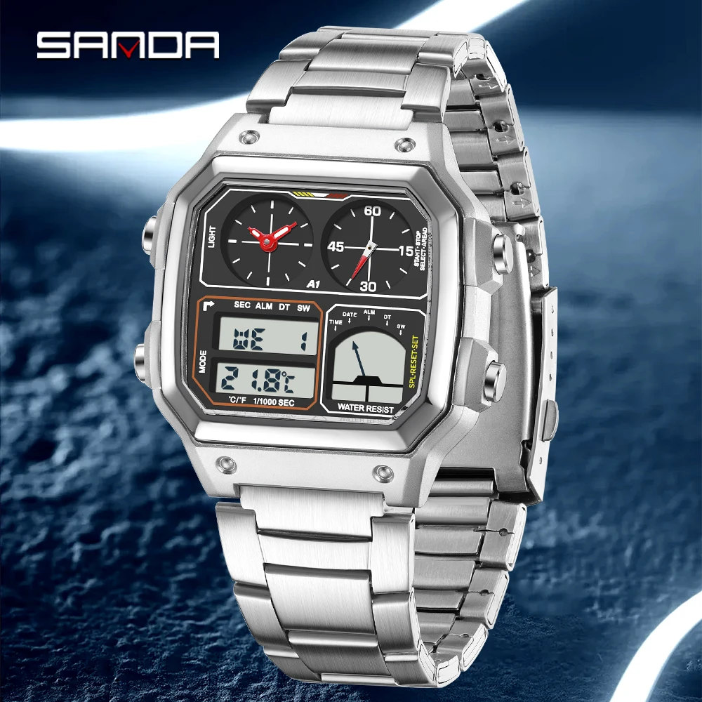 SANDA New 6257 Student Watch TEMU Multi functional Temperature Measuring Watch Square Fashion Sports Square 2025