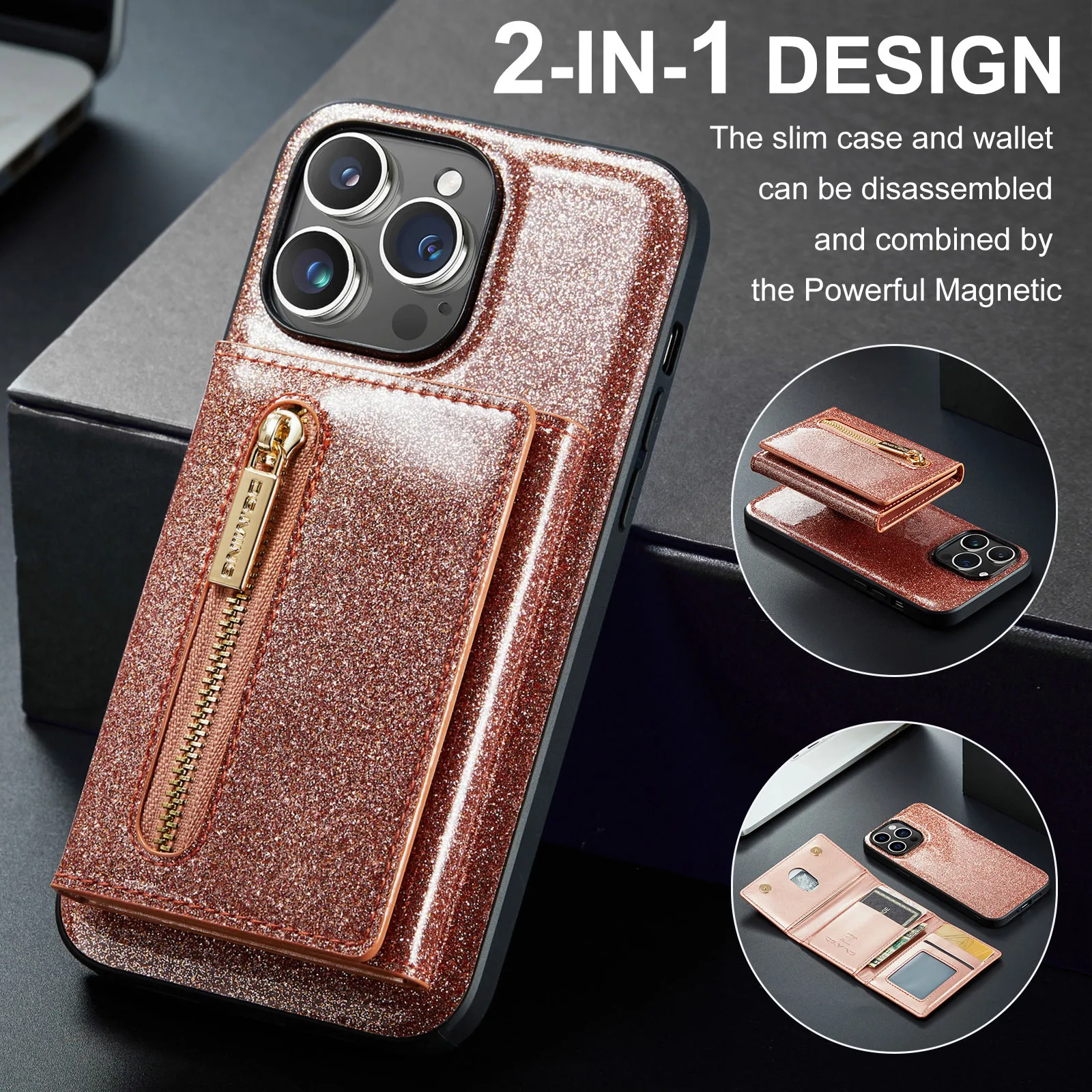 

Luxury Magnetic Leather Case For iPhone 11 12 13 14 15 Pro Max Plus Removable Glitter Wallet Card Holder Pocket Phone Back Cover