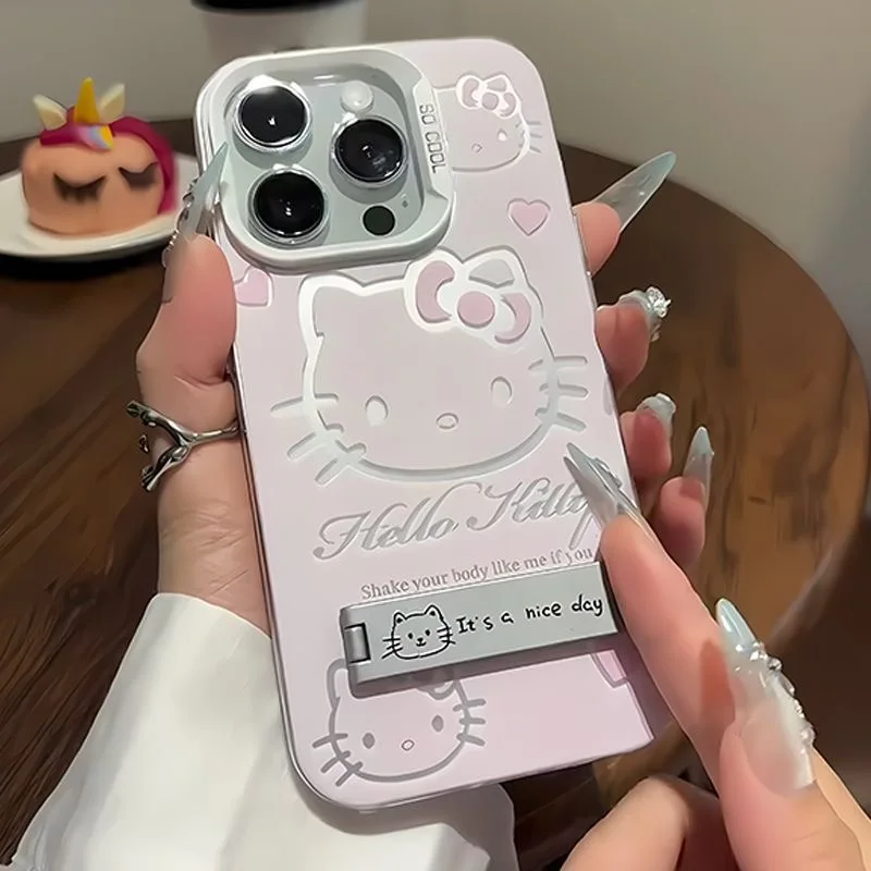 Luxury Pink Hello Kitty With Bracket Phone Case For iPhone 16 15 14 13 12 11 ProMax XR XS 7 8 Plus Soft Anti Drop Silicone Cover