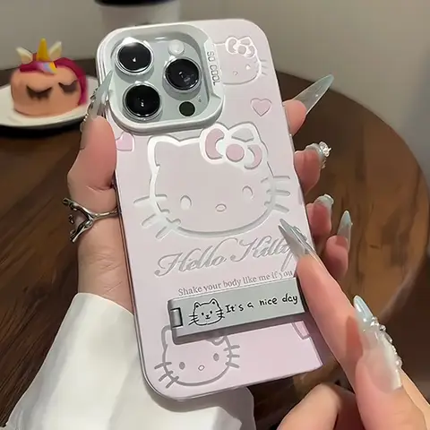 Luxury Pink HelloKitty With Bracket Phone Case For iPhone 17 16 15 14 13 12 11 ProMax XR XS 8 Plus Soft Anti Drop Silicone Cover