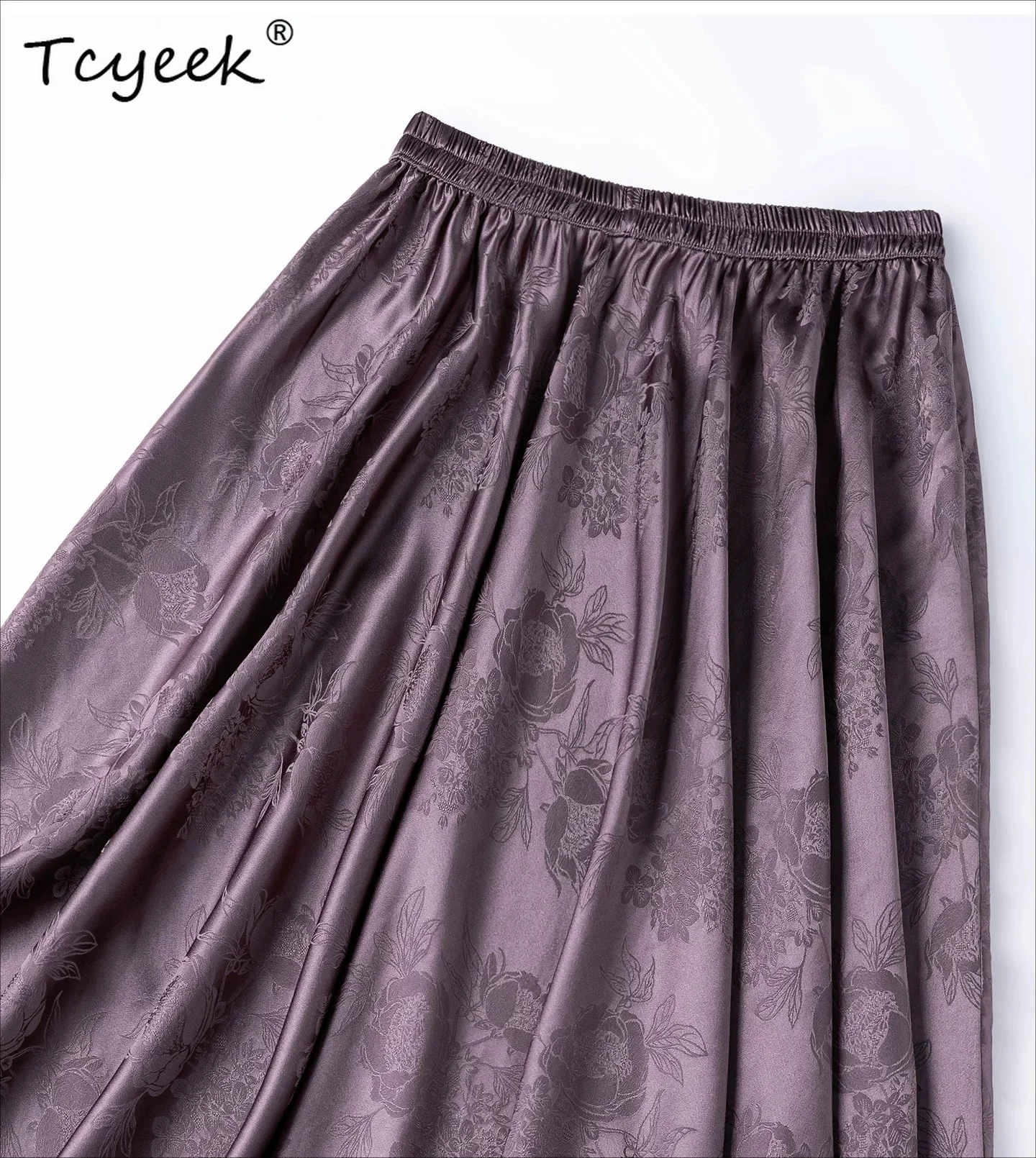 Tcyeek 100% Real Mulberry Silk Womens Skirts Elegant Skirt for Woman Fashion Summer Clothes Jacquard Beach Skirt Elastic Waist