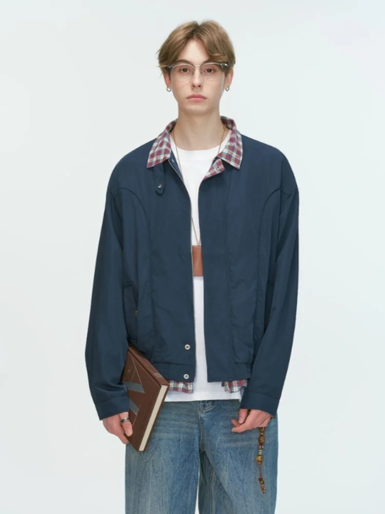 Men’s Cleanfit Faux Two-Piece Jacket Chic American Retro Plaid Splicing Bomber Coat Casual Vintage Streetwear Outerwear