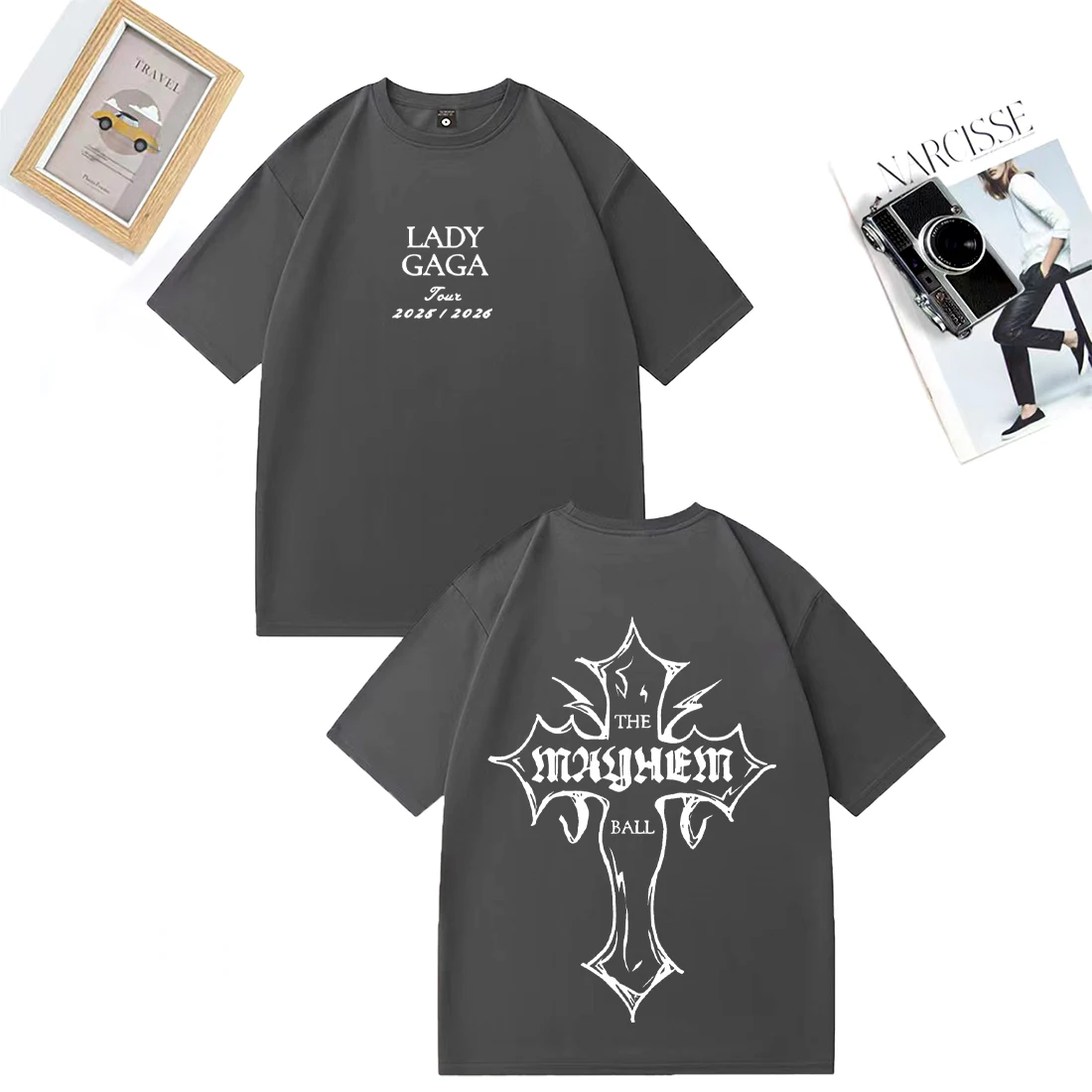 Lady Gaga MAYHEM Cross Cutoff กราฟิก T เสื้อผู้ชายผู้หญิง Street Hip Hop แขนสั้น vintage เสื้อผ้าสบายๆ 100% Cotton TShirts