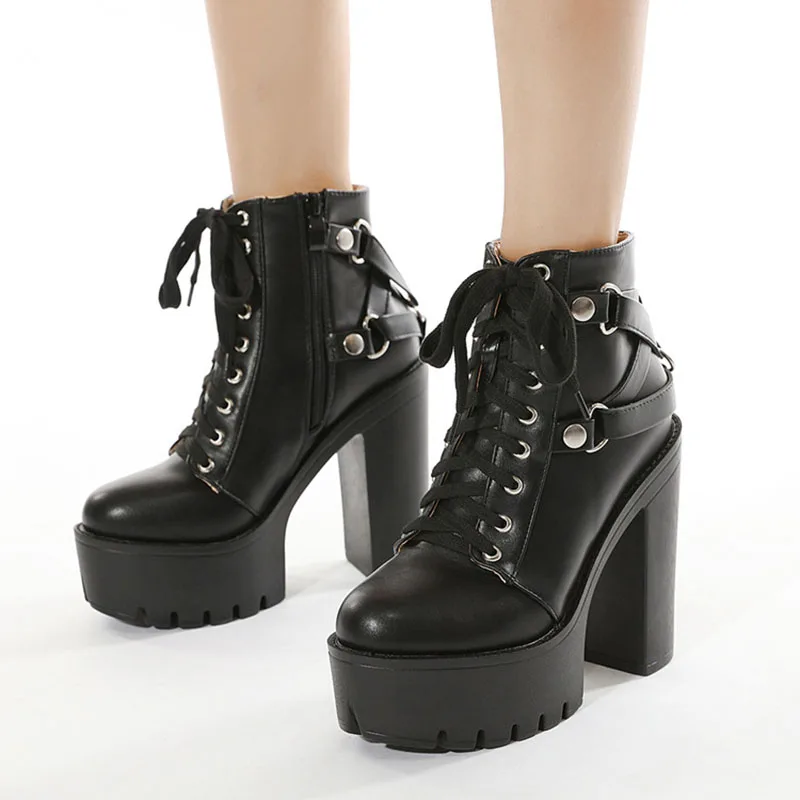 

Ботильоны с круглым носком и блоком на высоком каблуке 10 см, на платформе, на молнии, на шнуровке, большие размеры 35–43, вечерние ботинки на однотонной платформе, женская обувь