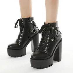 Ankle Boots Round Toe Block High Heel 10cm Platform Zipper Lace Up Plus Size 35-43 Party Booty Solid Platform Boots Ladies Shoes