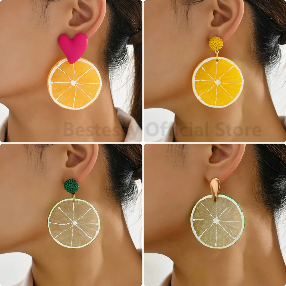 

Cartoon Fruit Round Dangle Earrings For Women 2024 Luxury Quality Beads Lemon Orange Pendientes Resin Fairy Jewelry Accessories