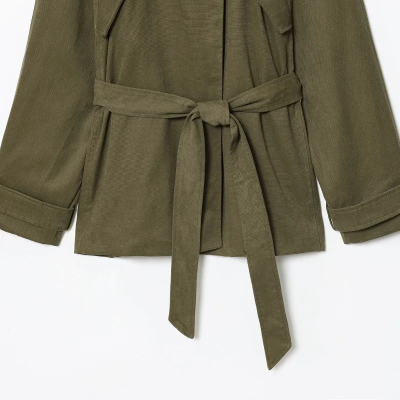 Solid Lace Up Women Coat Full Sleeve Stand Collar Female Jacket 2025 Autumn Winter Green Single Breasted Belt Loose Lady Outwear