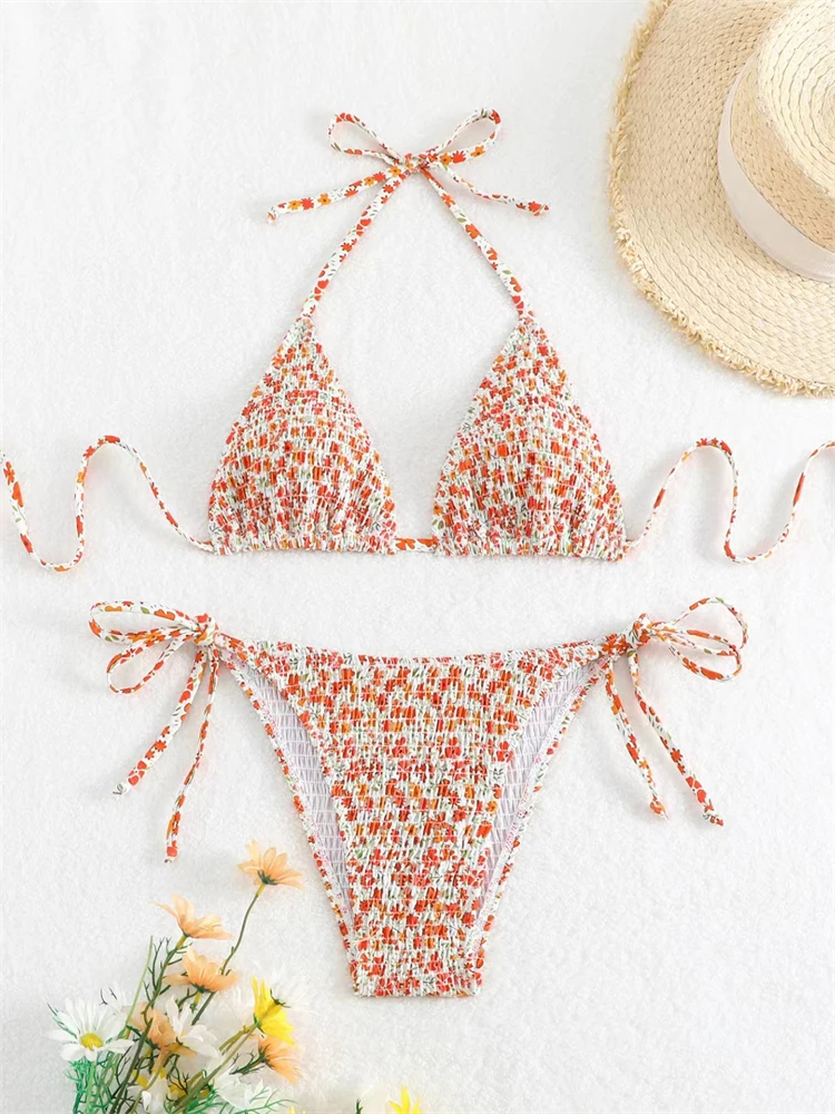 

Bikini Women Swimsuit 2024 New Print Ruched Bikinis Set Sexy Halter Lace Up Swimwear Summer Two Piece Beach Bathing Suit Female