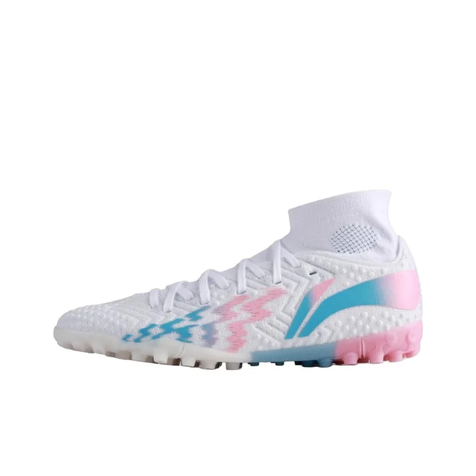 Li Ning Shadow Swift 2 Comfortable And Breathable TF Turf Indoor Synthetic Leather Soccer Shoes Men's White Blue Pink YSTU021-7