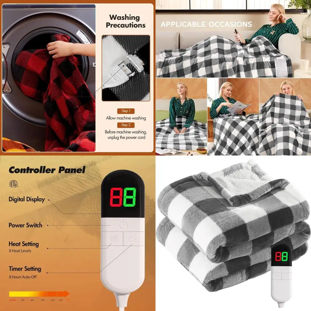 

62x84 Electric Sherpa Buffalo Plaid Christmas Twin Blanket, 8 Heat Levels, Auto-Off, Washable, Overheat Protection, ETL Certifie