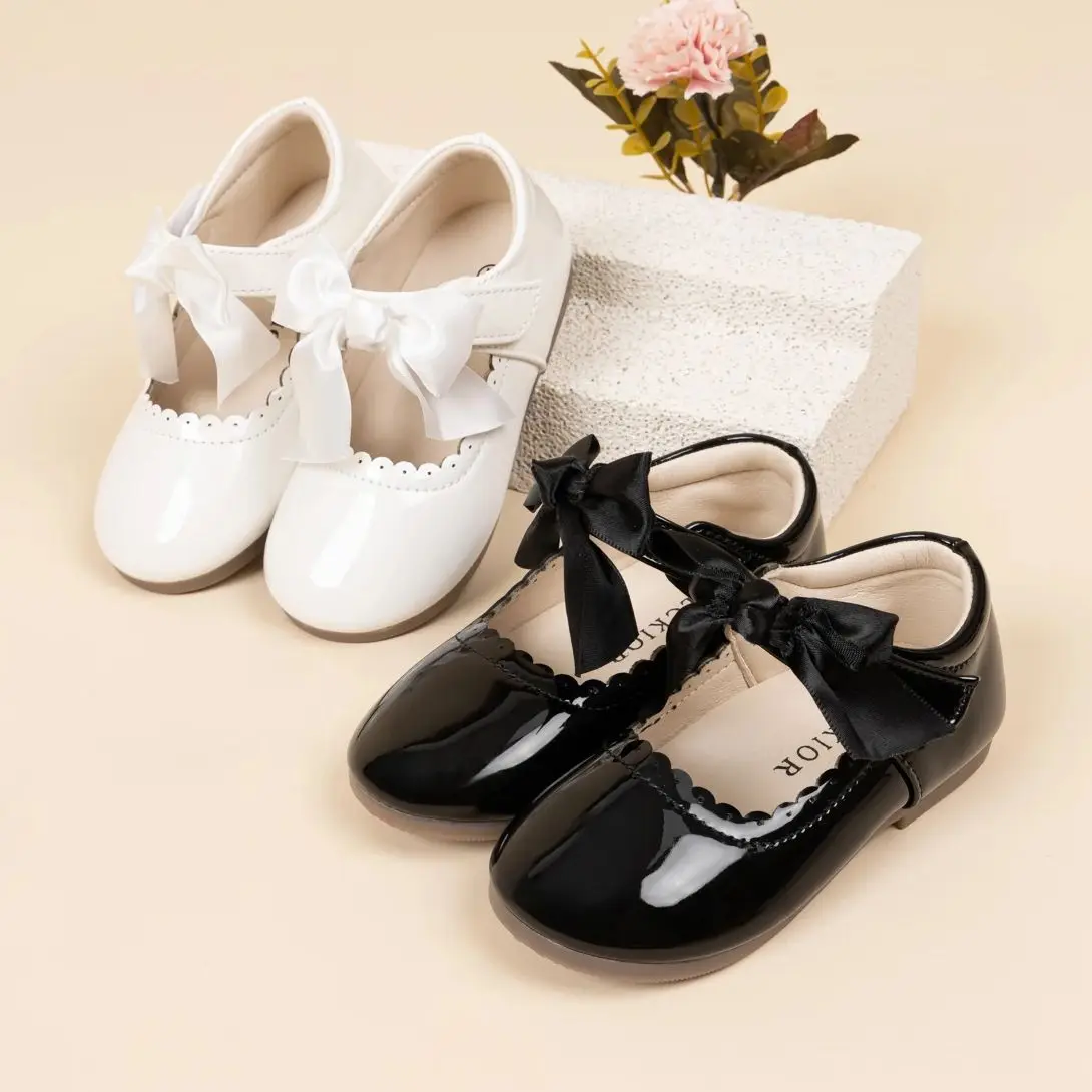 

KIDSUN Fashion White Bow Kids Leather Shoes Children's Girl Princess Party Shoes Flat Rubber Non-slip Wearable Dress Shoes