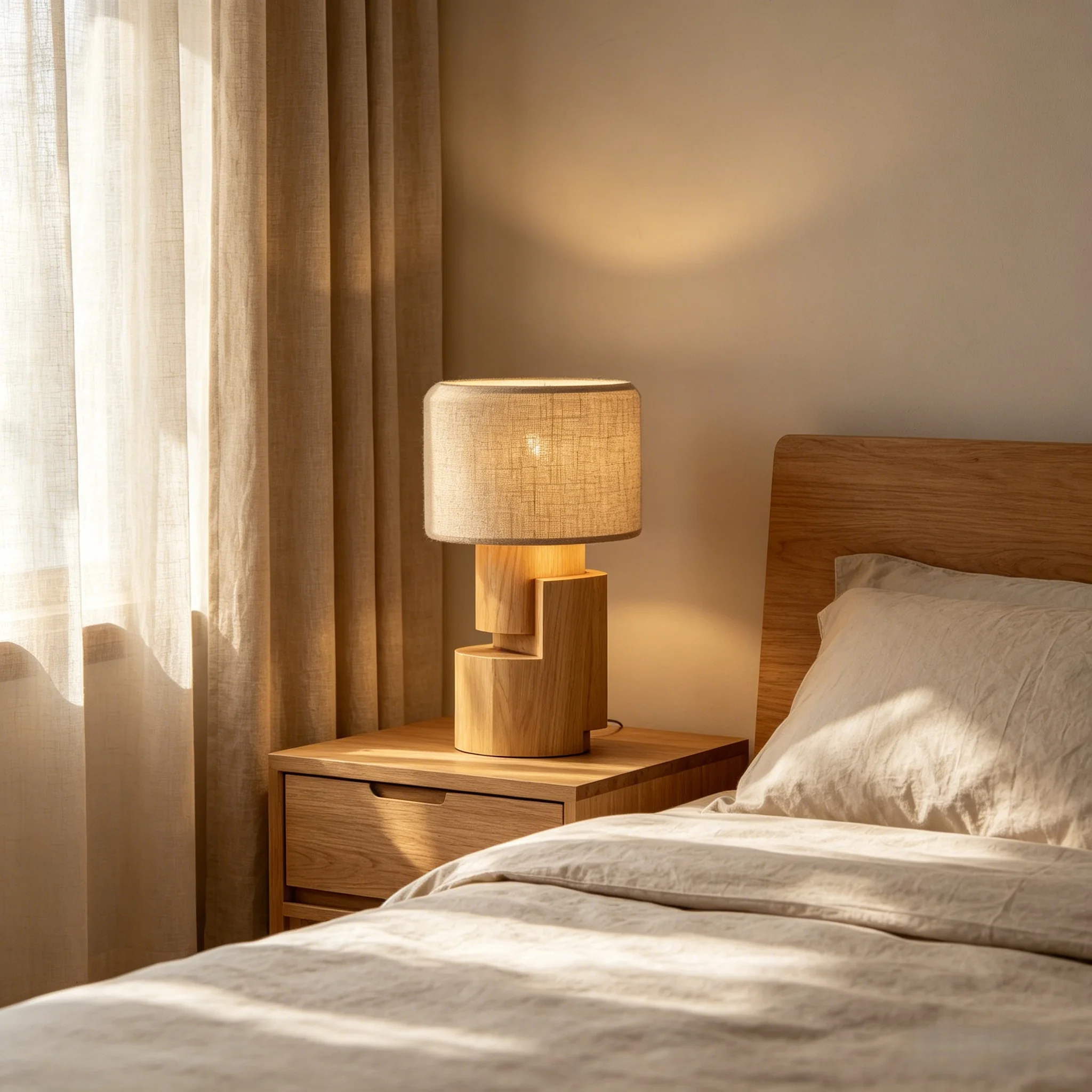 ！@Geometric Joinery Wood Craft Table Lamp  Oak Block Design Lighting Ornament for Rustic Home Decor