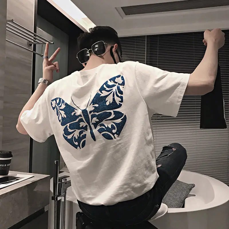 

Fashionable Casual Pullovers Loose T-Shirts Solid Printing Short Sleeve Spring Summer Round Neck Handsome Men's Clothing Man