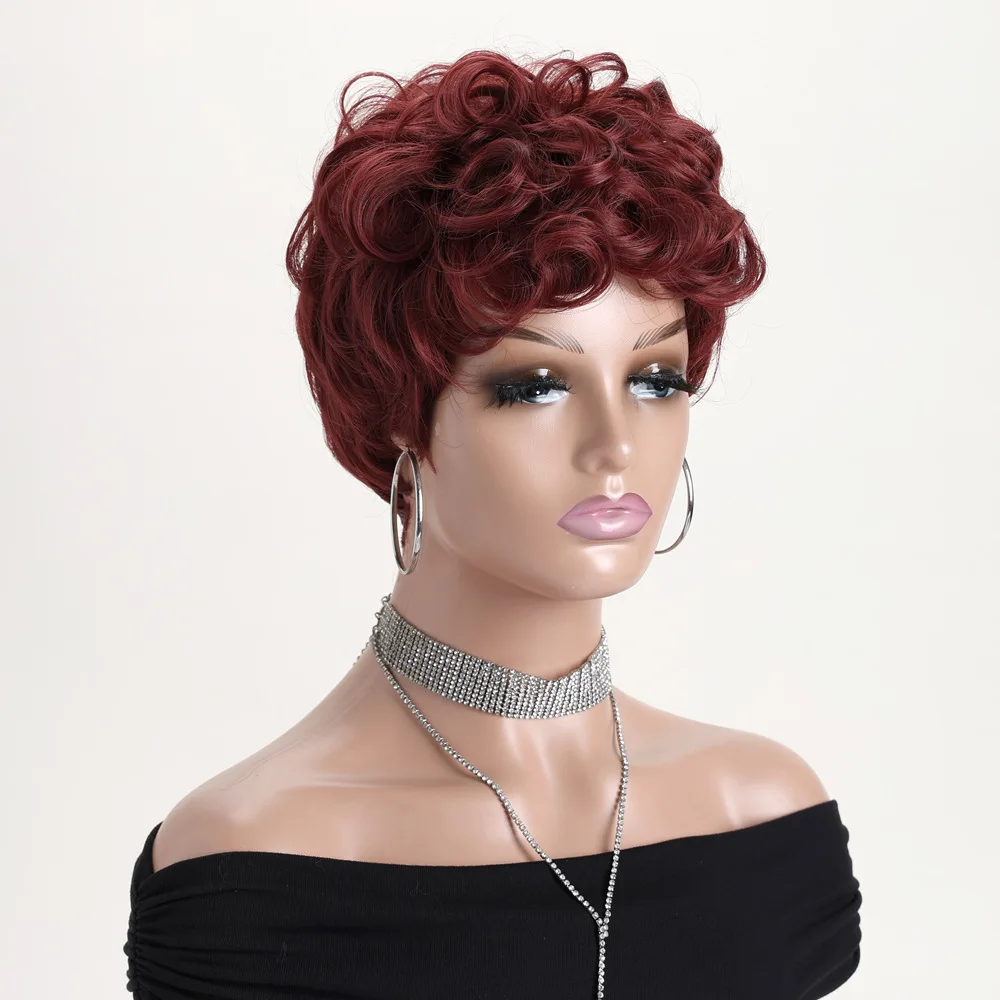 شعر مستعار قصير بيكسي للنساء ذوات البشرة السمراء، شعر صناعي مجعد طبيعي مموج أسود، شعر مستعار أنيق قصير أنثوي