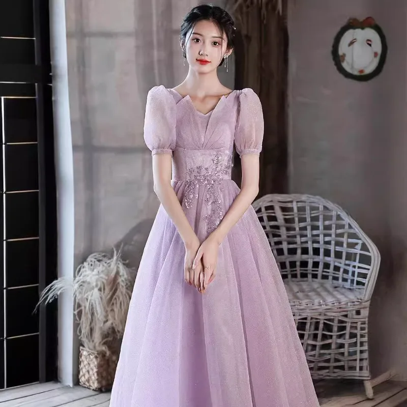 2025 Women's New Mesh Sexy V-neck Sparkling Evening Dress Fashionable Slimming Princess Sleeve Banquet President's Dress