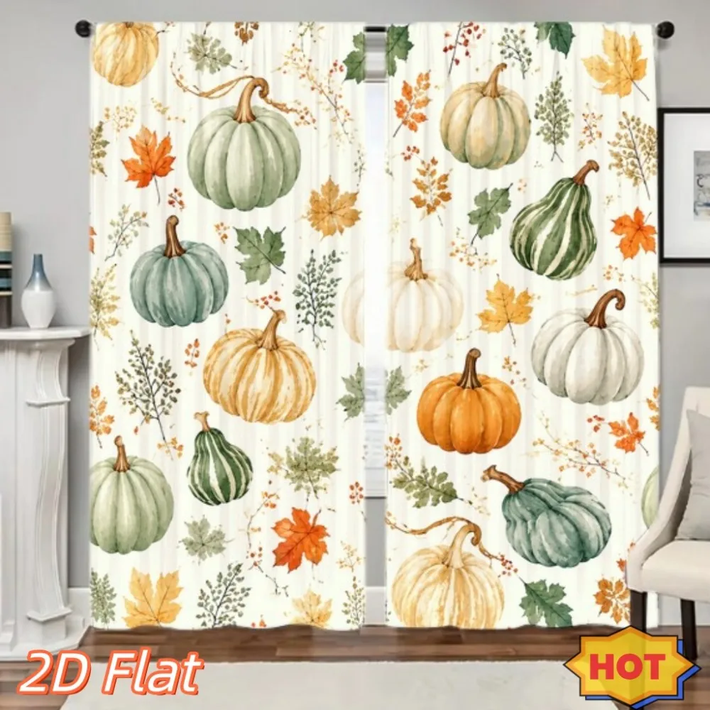 2PCS Digital Print Curtains, Halloween Pumpkin Gourd Pattern, Vintage Farmhouse Style for Thanksgiving Fall Home Decor