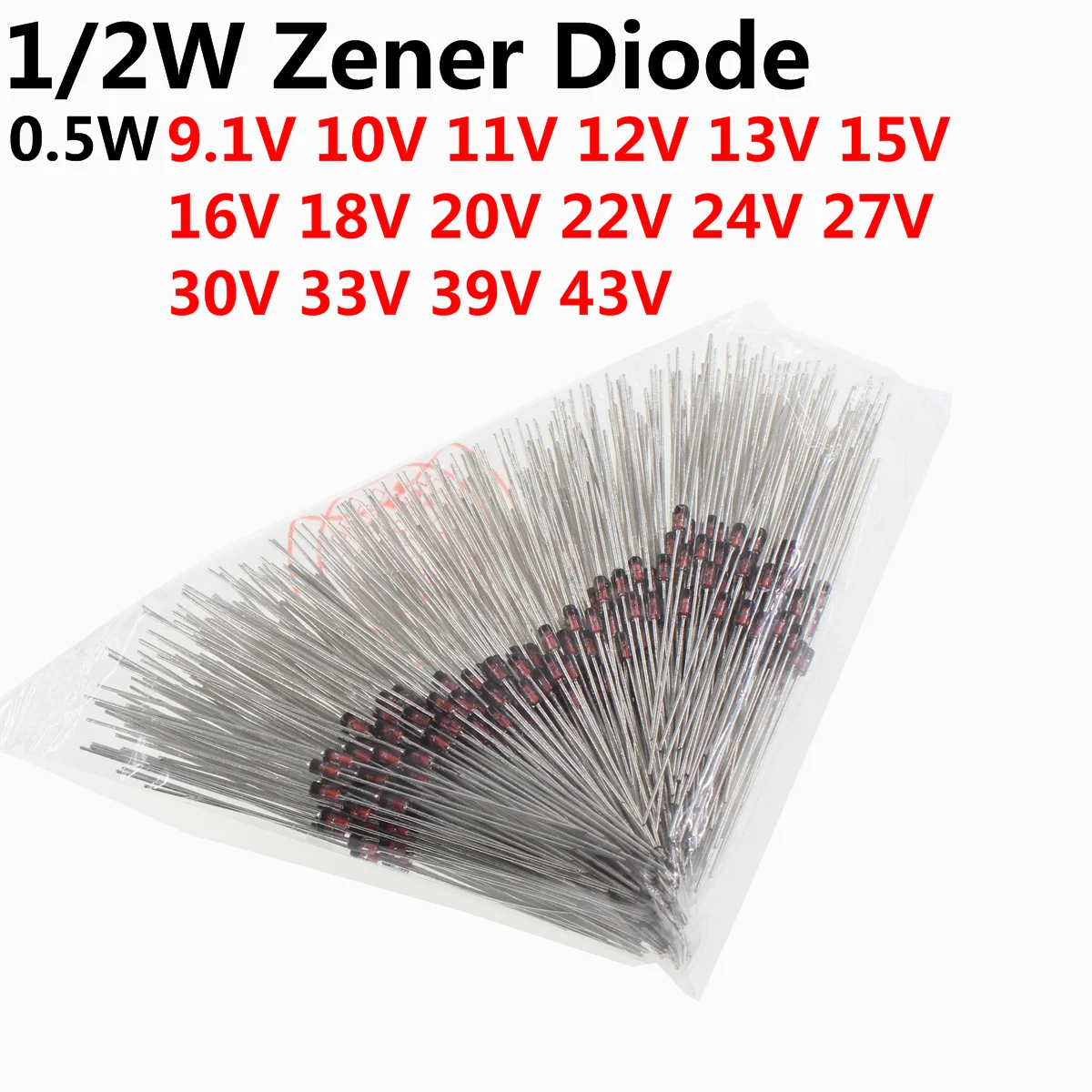 500pcs 1/2W Zener Diode 0.5W DO-35 9.1V 10V 11V 12V 13V 15V 16V 18V 20V 22V 24V 27V 30V 33V 39V 43V