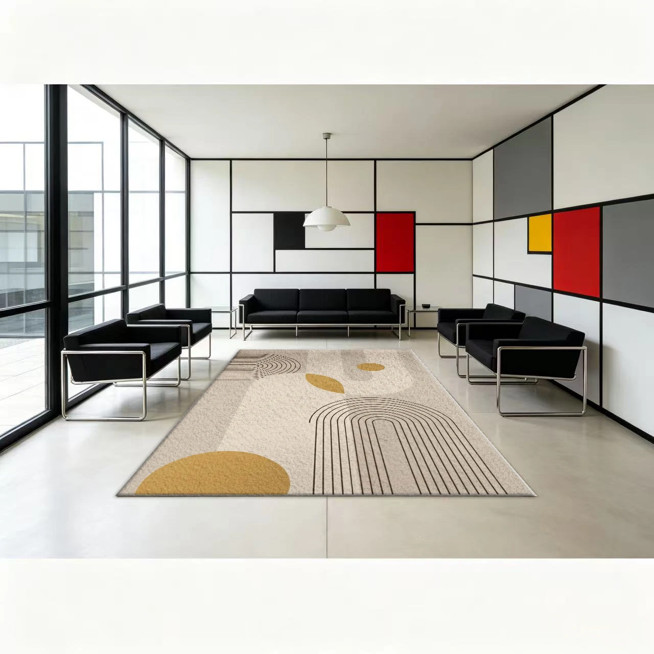 Boho Mid-Century Abstract Curve Line Carpet Flooring, Nordic Minimalist Non-Slip Area Rug for Living Room Bedroom Home Interior