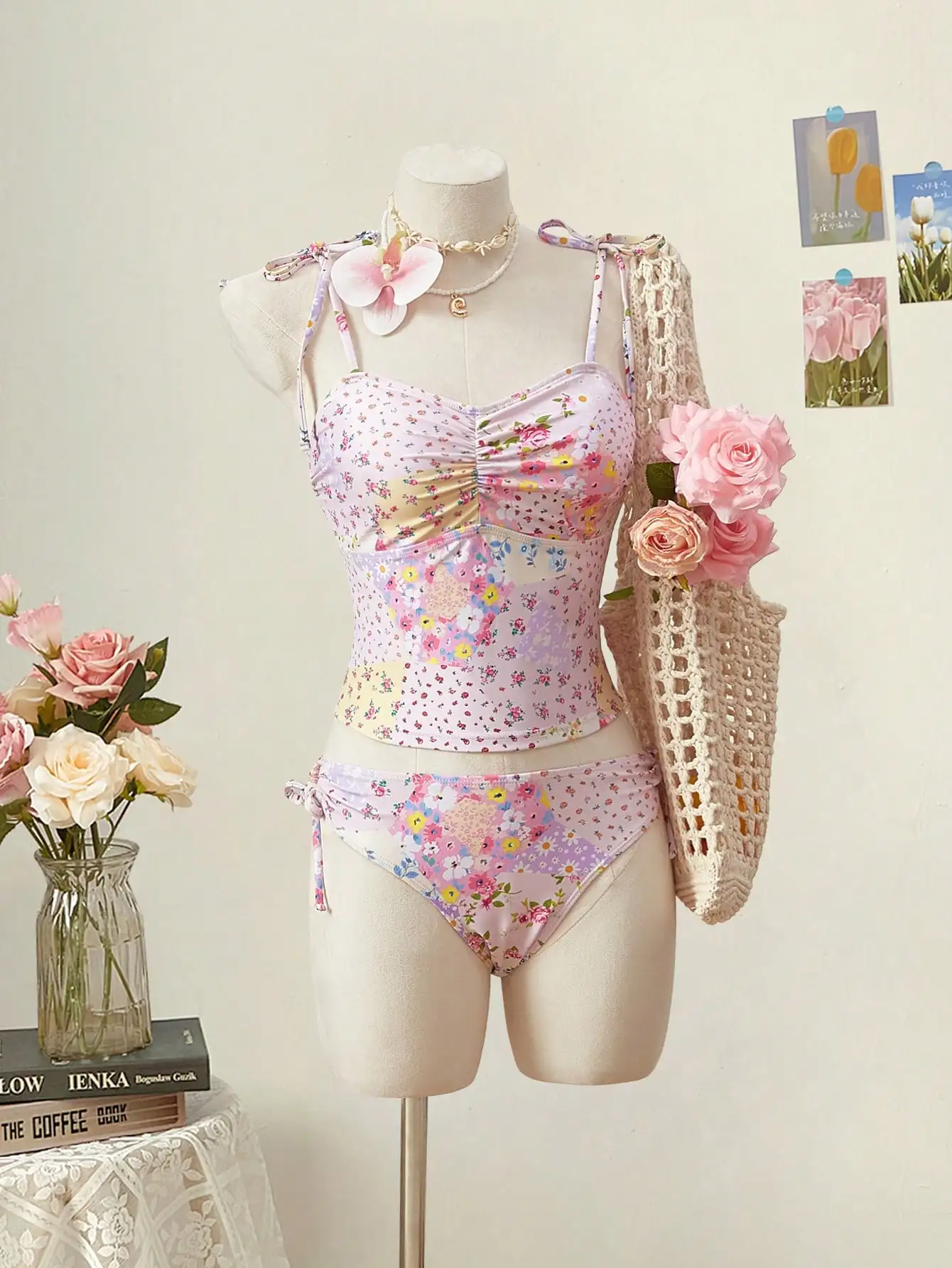 Women Summer Floral Patchwork Spaghetti Strap Bikini Set