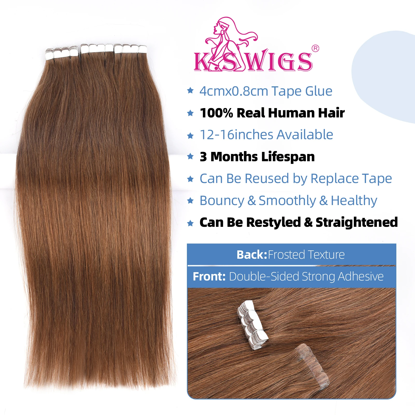 K.S WIGS Tape In Human Hair Extensions Straight Seamless Skin Weft Black Brown Natural Non-Remy Human Hair Invisible Tape Ins