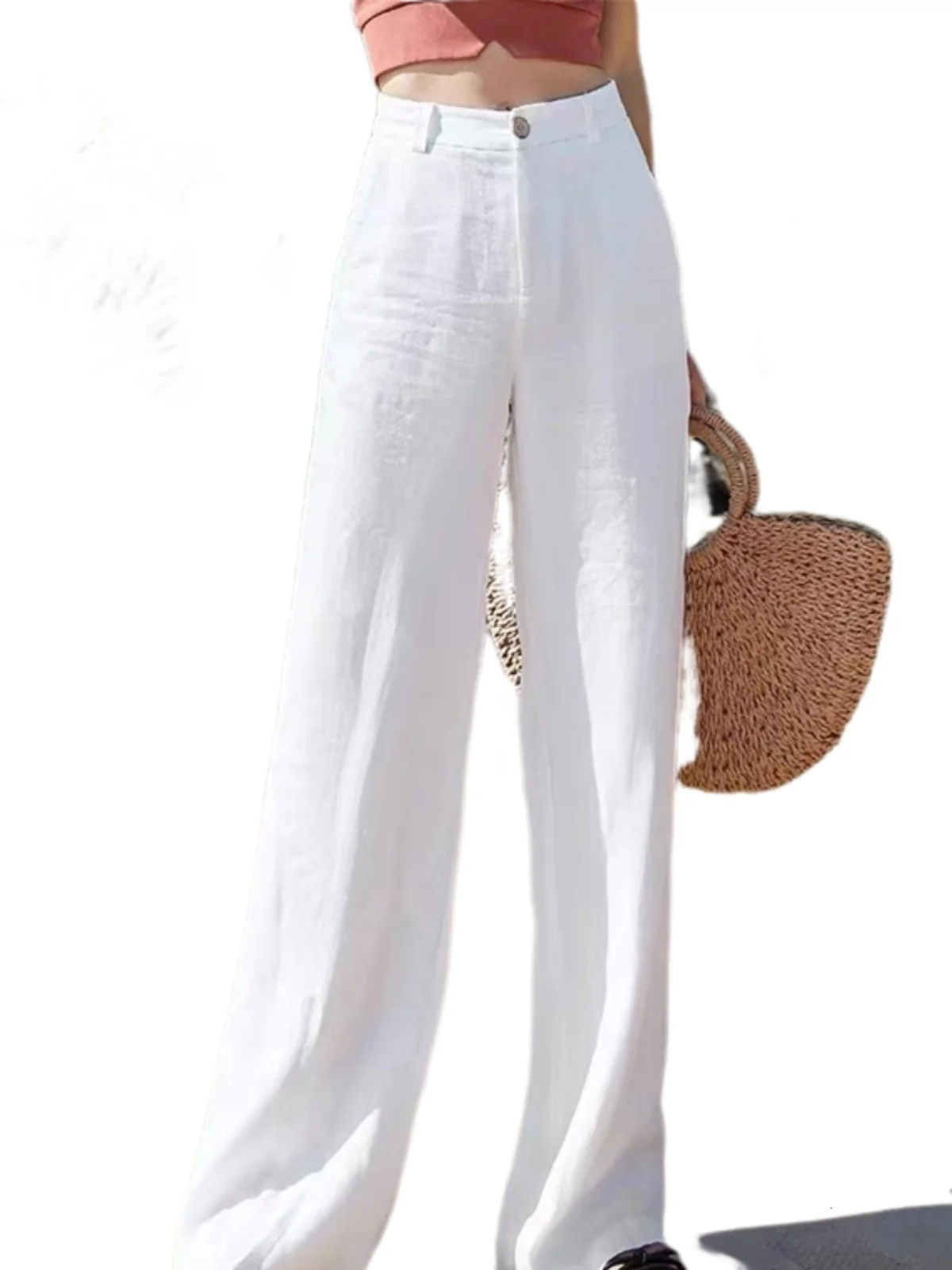 ارتفاع الخصر السراويل واسعة الساق المرأة الصيف رقيقة القطن الكتان عارضة السراويل التخسيس ثنى مستقيم السراويل الطويلة #5