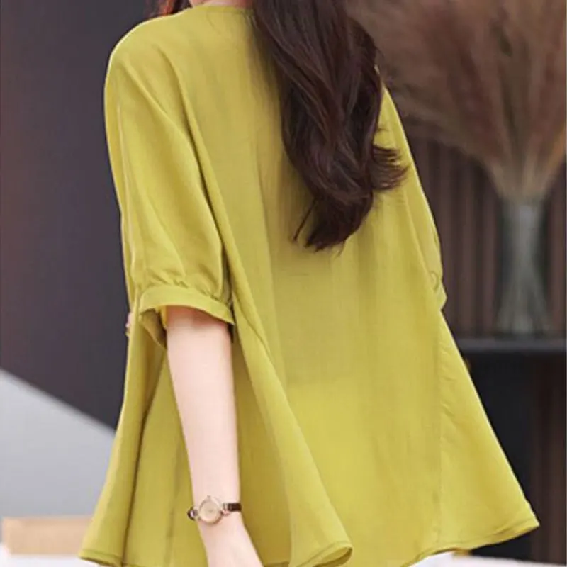 2024 Summer Korean Doll Collar Blouse Loose Button Women\'s Clothing Solid Color Stylish Ruffles Spliced Commute Drawstring Shirt