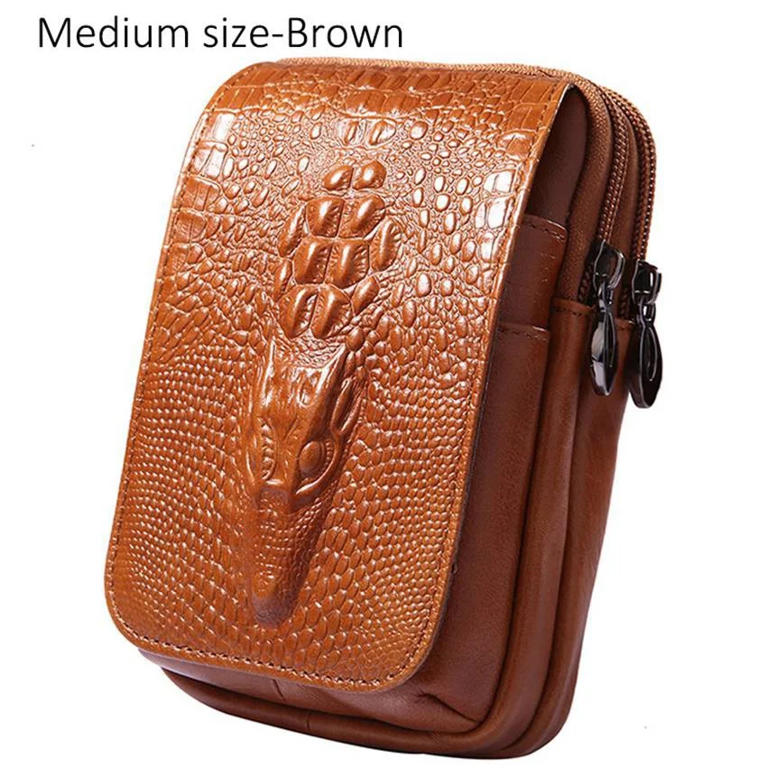 Retro Men\'s Cowhide Leather Waist Bag Crocodile Pattern Belt Bag  Cellphone Bag Leisure Bum Bag Fanny Pack