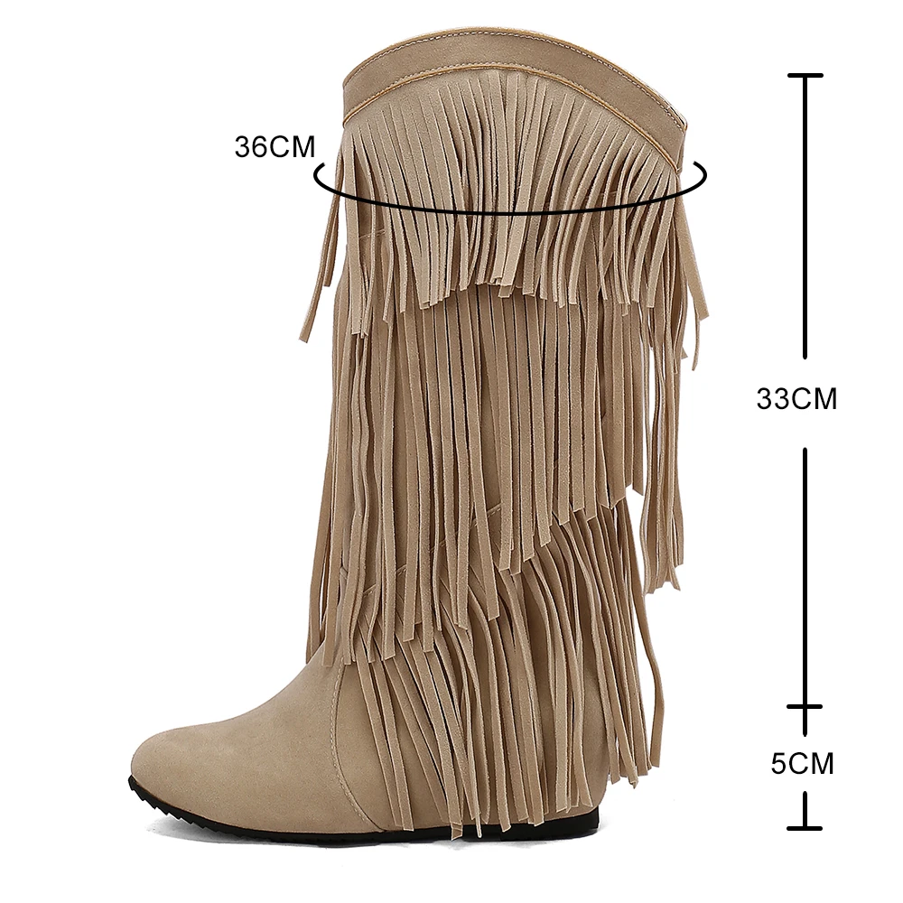 Damskie buty na koturnie z okrągłym noskiem Tassel Winter New Bohemian Flock Mid-calf Boot Female Warm Plush Lined Platform Knee High Boots