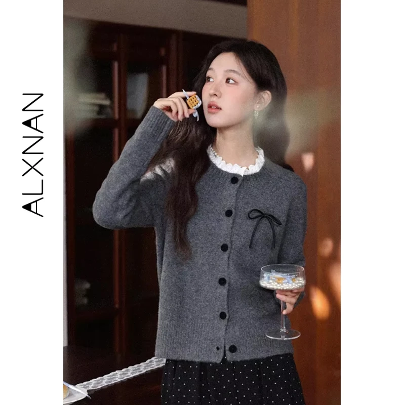 

ALXNAN Long Sleeve Cardigans Button Placket 3D Bow Lace Trim Patchwork Slim-fit Knitwear Literary Winter Clothes Woman L58830