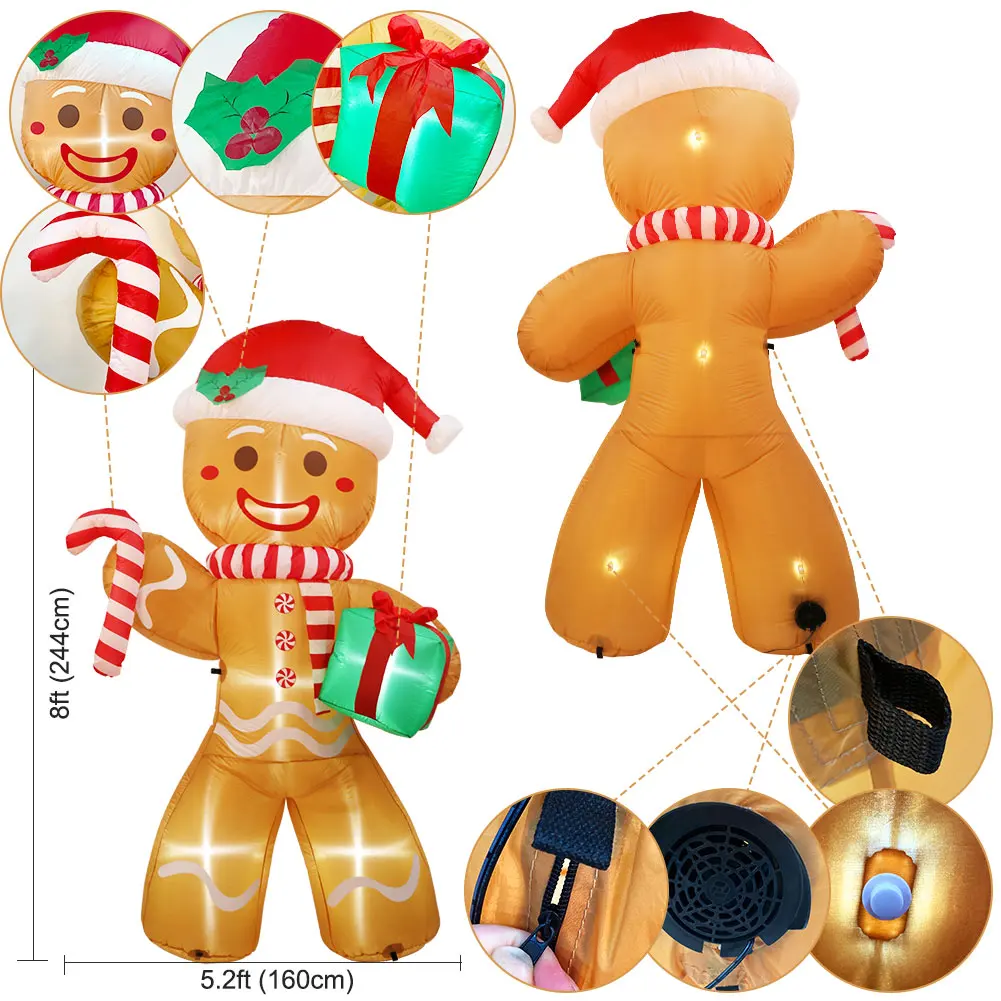 Christmas Inflatables Gingerbread Man 8ft Giant Outdoor Decorations Xmas Inflatable Yard Decorations with LED Lights for Lawn