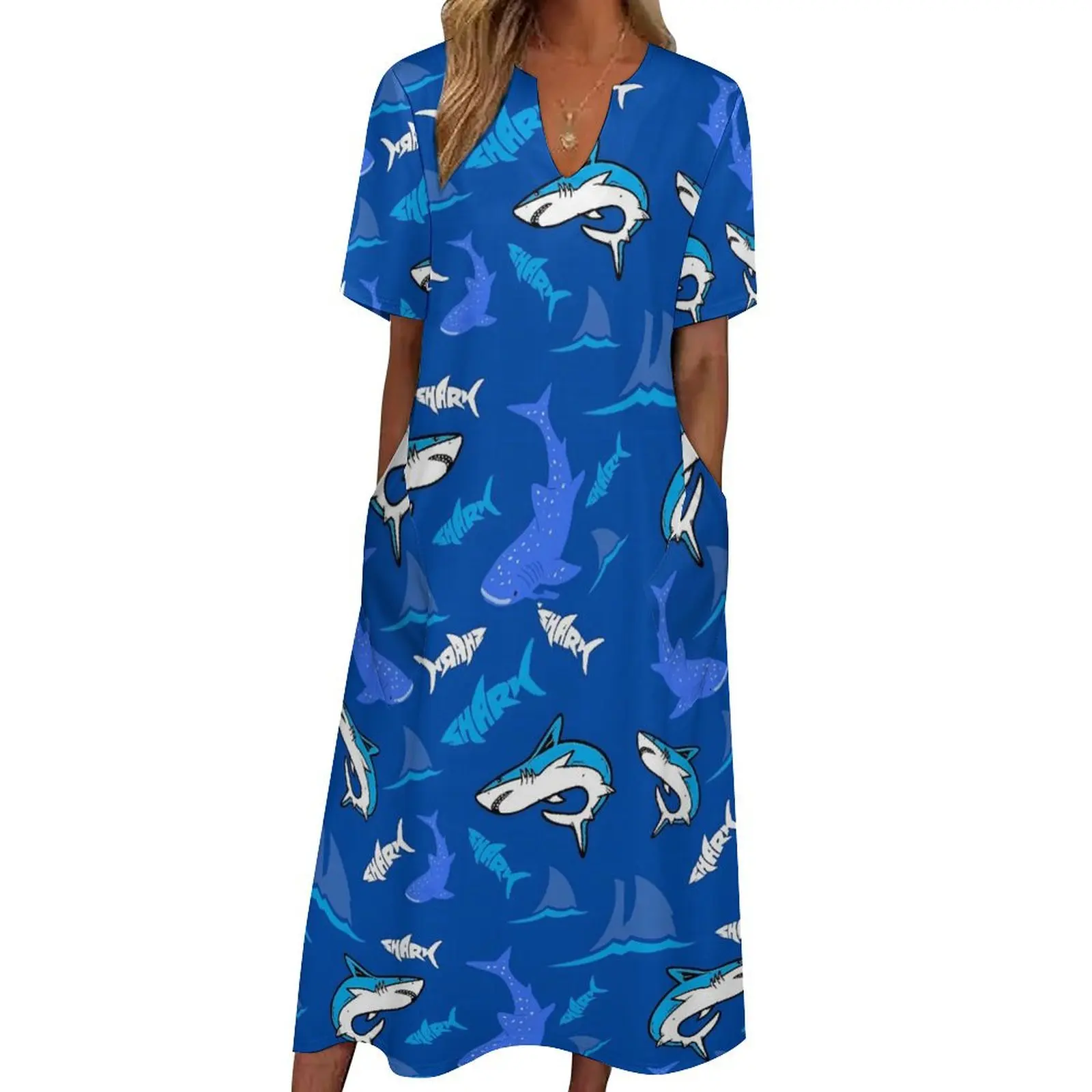 

Blue Sharks Dress Spring Animal Print Street Wear Boho Beach Long Dresses Women Kawaii Maxi Dress Birthday Gift