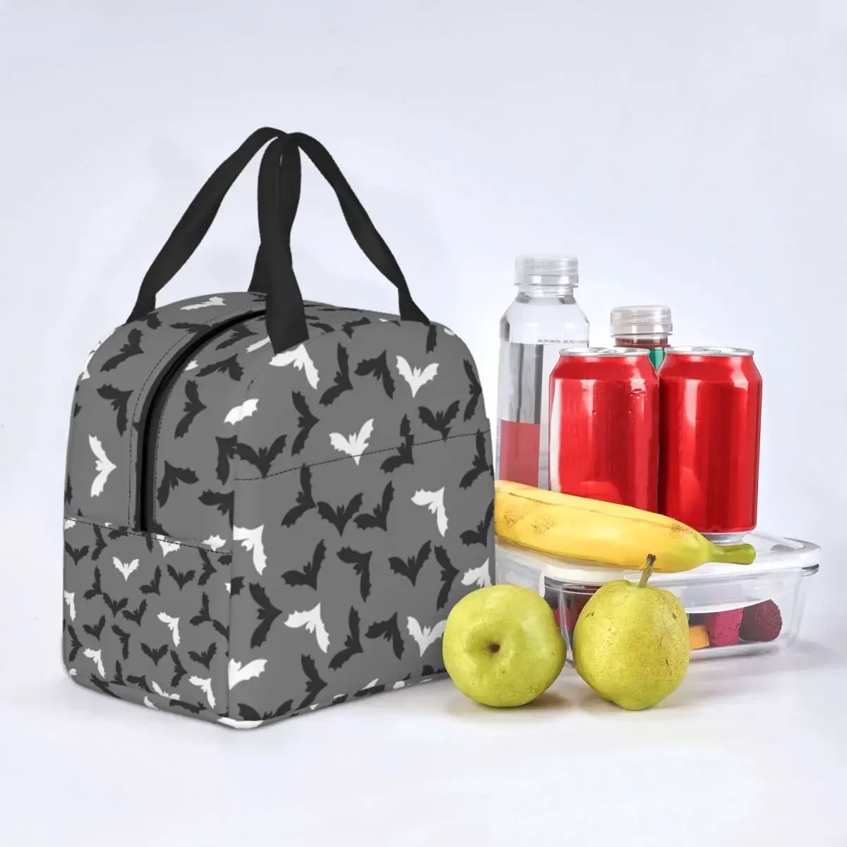 Lunch Bag for Men Women Cute Cartoon Black And White Bats Grey Insulated Cooler Portable Picnic School Canvas Lunch Box Handbags