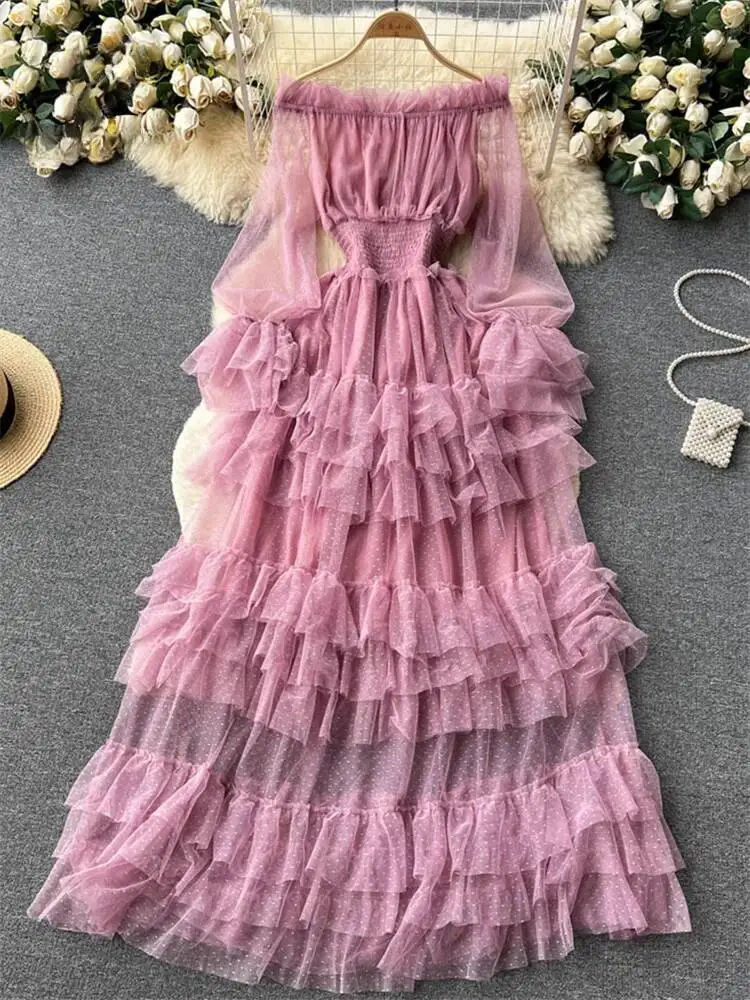 Mulheres elegante malha renda vestido longo verão sexy fora do ombro magro a linha babados camada vestidos vintage primavera verão longo robe